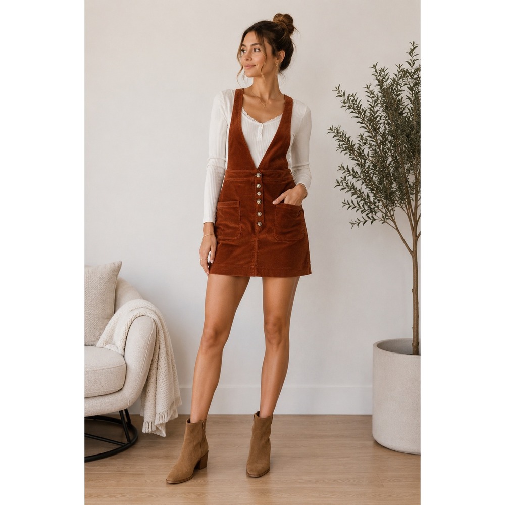 Free People Pinafore Dress Womens 4 Rust Orange Corduroy Button Front‎ Mini
